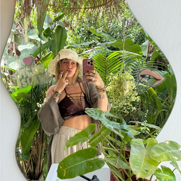 Slit Weave Strappy Brown Purple Green Halter Open Back Deep V Plush Cotton Top - Picture 7 of 8